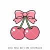 Minimalist illustration of two soft pink cherries with white glossy highlights, joined by green stems and a large pastel pink bow, coquette aesthetic SVG cut file for crafting.