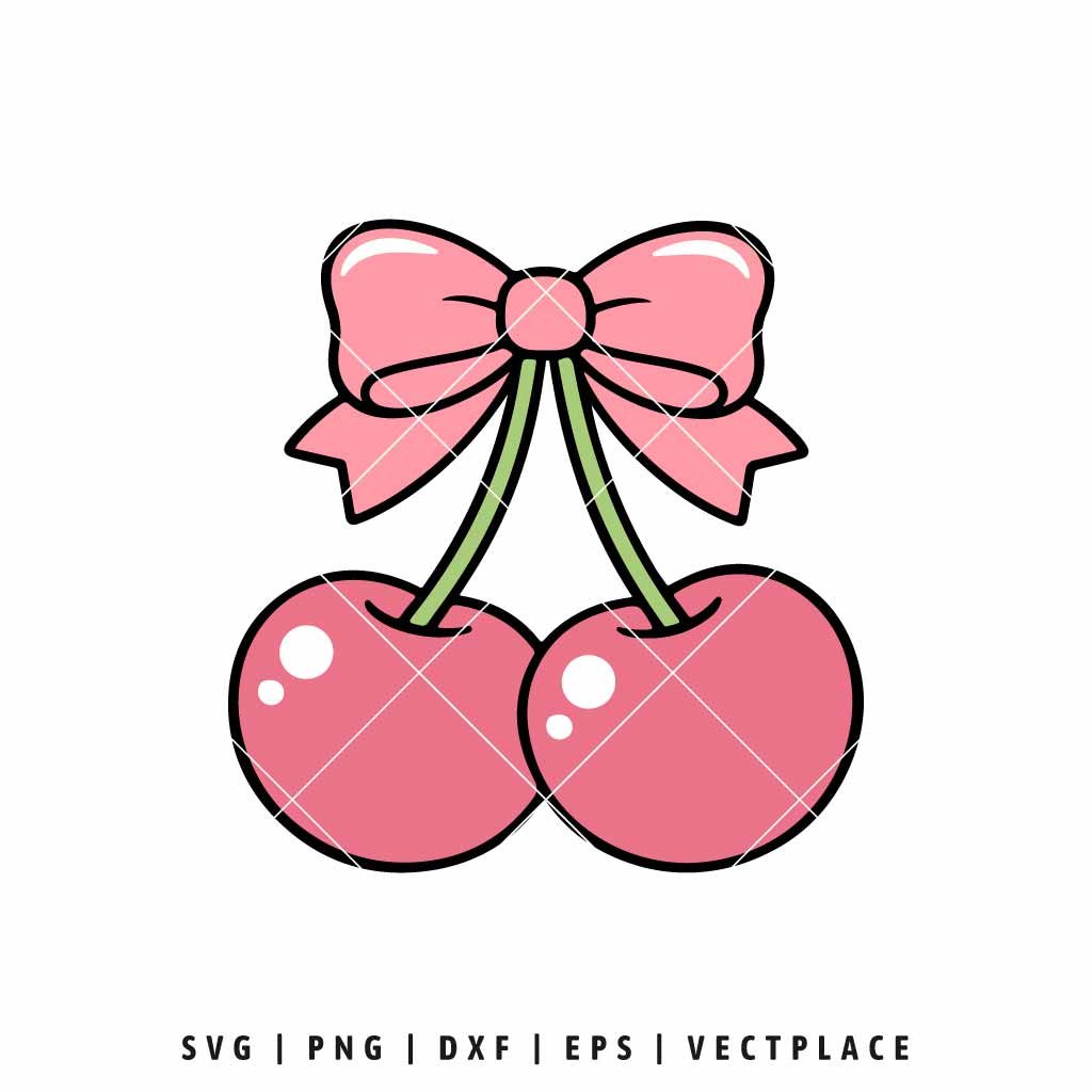 Minimalist illustration of two soft pink cherries with white glossy highlights, joined by green stems and a large pastel pink bow, coquette aesthetic SVG cut file for crafting.