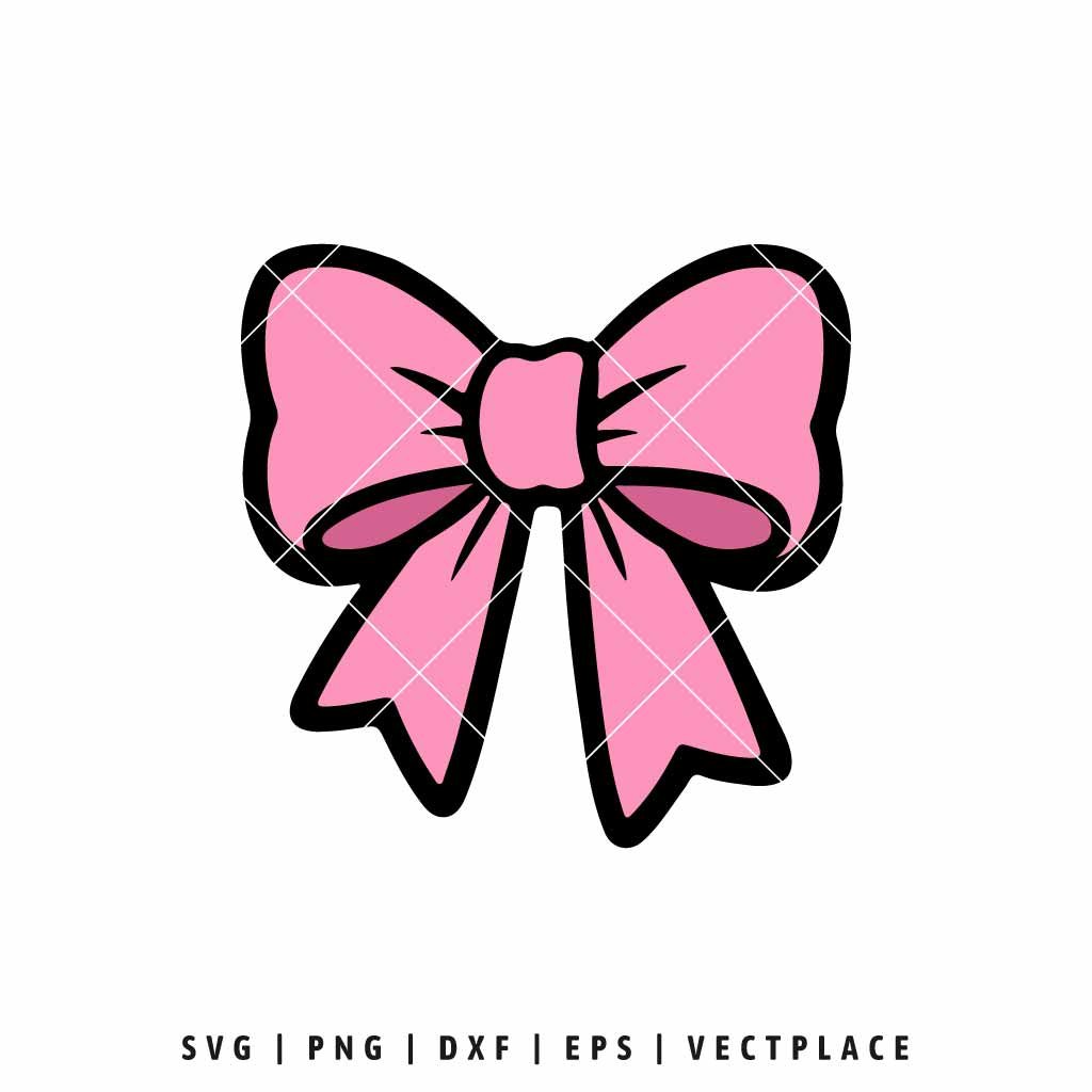 Free pink bow SVG with black outline, ribbon bow cut file for Cricut, Silhouette, and DIY craft projects