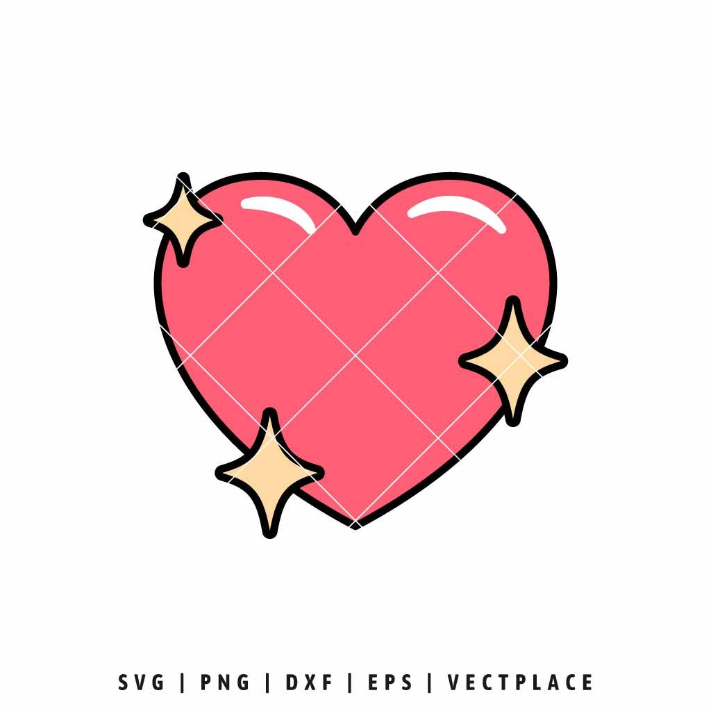 Pink heart illustration with yellow sparkles and white highlights, retro Y2K style SVG cut file for crafting, isolated on white background with black outlines.