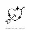 Black line art illustration of a heart outline pierced by an arrow, featuring four-pointed star sparkles around the edges, minimalist SVG cut file for Valentine's Day crafting.