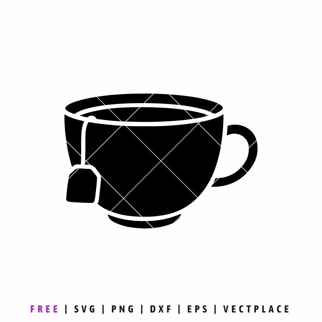 Black silhouette of a tea cup with a tea bag hanging from the side, minimalist kitchen clipart SVG for digital crafting, mug personalization, and vinyl cutting.