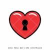 Red heart-shaped lock SVG with a black keyhole in the center, white glossy highlights, and thick black outlines, digital cut file for crafting machines.