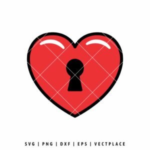 Red heart-shaped lock SVG with a black keyhole in the center, white glossy highlights, and thick black outlines, digital cut file for crafting machines.
