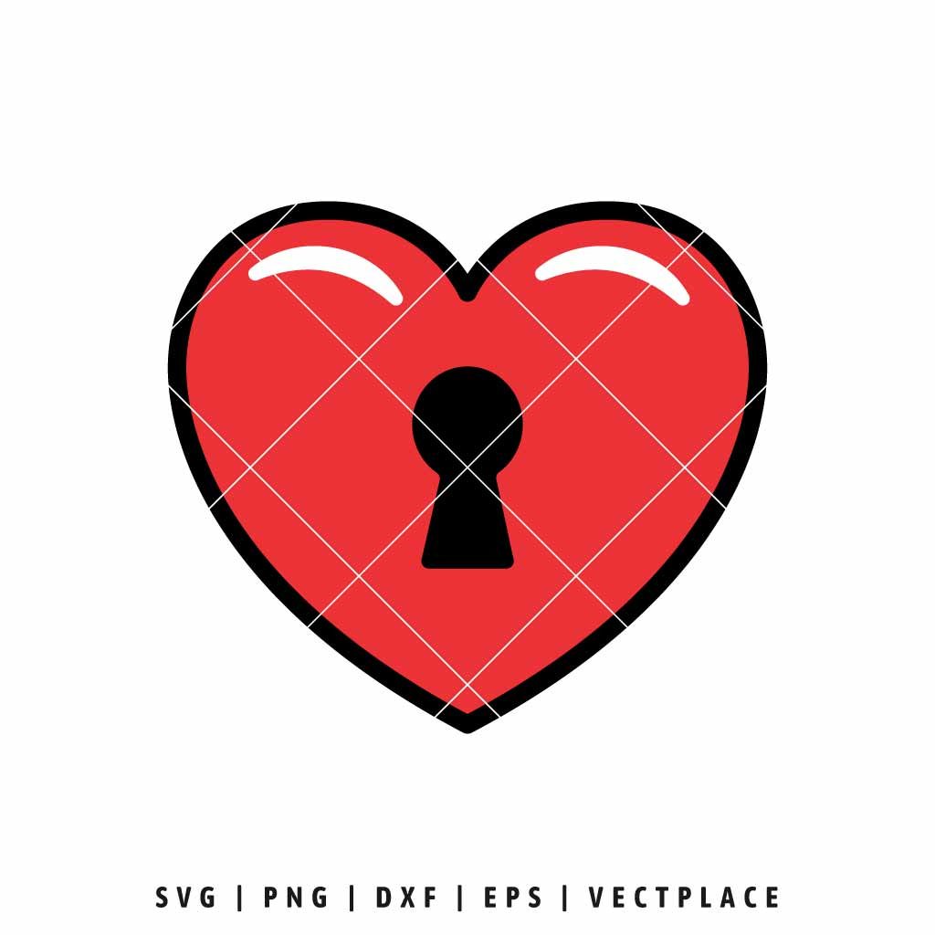 Red heart-shaped lock SVG with a black keyhole in the center, white glossy highlights, and thick black outlines, digital cut file for crafting machines.