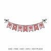 Digital illustration of a heart bunting banner SVG cut file featuring seven pink and red pennants with heart shapes, hanging on a black string with bows on each end, isolated on white background.