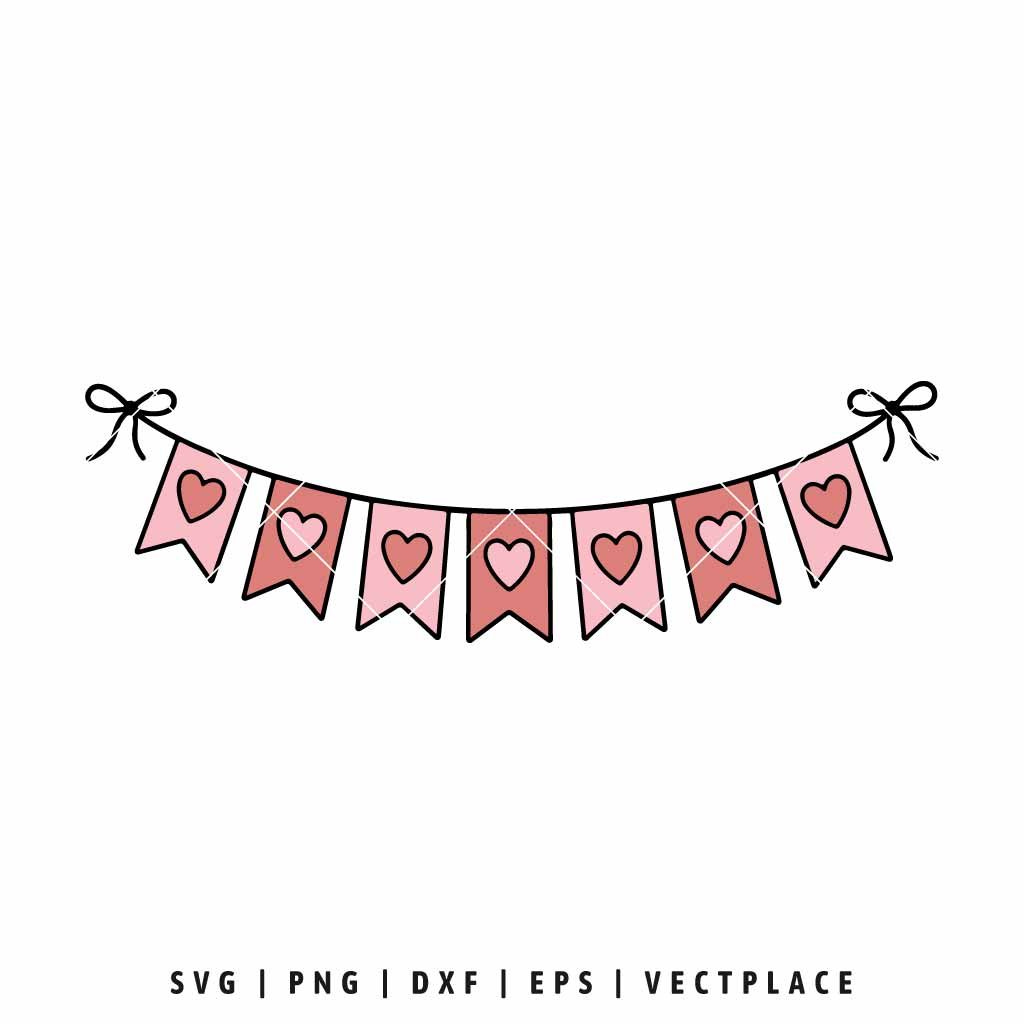 Digital illustration of a heart bunting banner SVG cut file featuring seven pink and red pennants with heart shapes, hanging on a black string with bows on each end, isolated on white background.