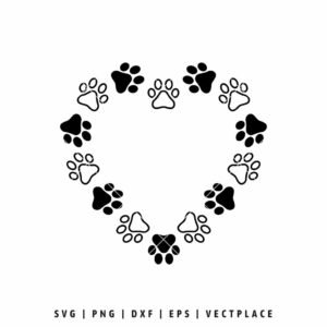 Dog paw print heart SVG with solid and outline paws forming a heart shape, pet lover design for Cricut and Silhouette crafts