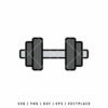 Flat design illustration of a fitness dumbbell with dark gray weight plates and a light gray bar, outlined in bold black.