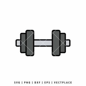 Flat design illustration of a fitness dumbbell with dark gray weight plates and a light gray bar, outlined in bold black.