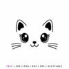 Free Cute kawaii cat face SVG with big eyes and whiskers for kids shirts, baby bodysuits, nursery decor, Cricut projects, Silhouette crafts, stickers, and DIY animal-themed apparel.