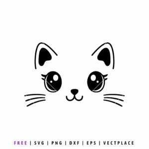 Free Cute kawaii cat face SVG with big eyes and whiskers for kids shirts, baby bodysuits, nursery decor, Cricut projects, Silhouette crafts, stickers, and DIY animal-themed apparel.