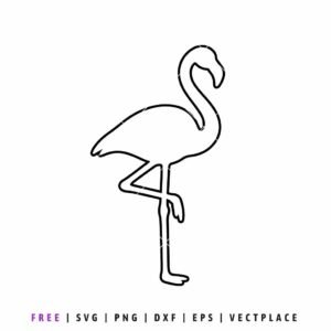Free Black line art drawing of a flamingo standing on one leg with its neck curved in a graceful S-shape, isolated on a white background.