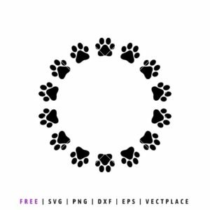 Free paw print circle SVG with solid dog paw prints forming a round monogram frame for Cricut and Silhouette pet lover crafts