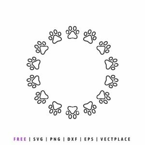 Free dog paw print heart SVG with outline paws forming a heart shape, Cricut and Silhouette pet lover cut file