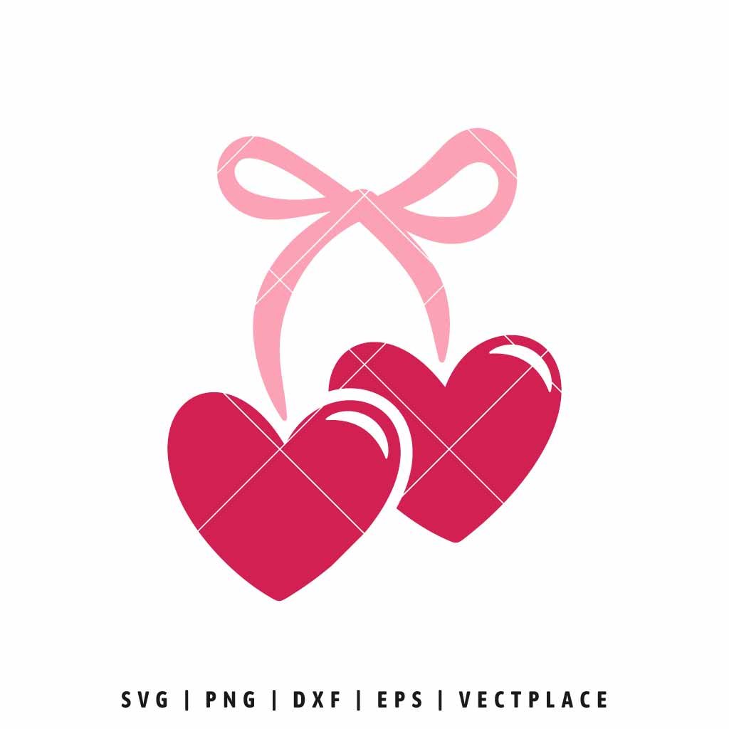 Hanging hearts SVG design with bow, romantic Valentine heart ornament cut file for Cricut and Silhouette crafting projects.