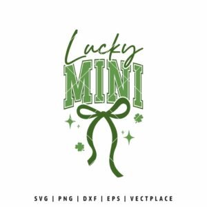 Lucky Mini SVG design with green varsity lettering, bow ribbon, and St. Patrick’s Day clover accents