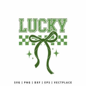 Lucky SVG with green varsity lettering, checkered pattern, bow ribbon, and sparkles for St. Patrick’s Day shirt design