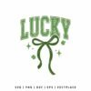 Lucky SVG with green varsity lettering, bow ribbon, and shamrock accents for St. Patrick’s Day shirt design
