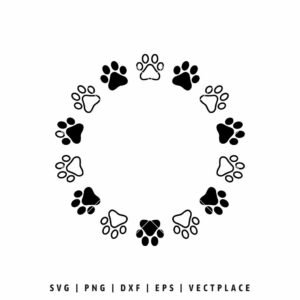 Paw print circle SVG with solid and outline dog paws forming a round monogram frame for Cricut and Silhouette pet lover crafts