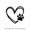 Free paw print heart SVG featuring a black heart outline with pet paw design, cut file for Cricut