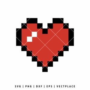 Free pixel heart SVG featuring a red 8-bit heart design, retro pixel art cut file for Cricut