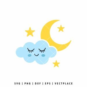 Cute sleeping cloud with crescent moon and stars SVG cut file for baby nursery decor, baby shower crafts, and kids Cricut projects